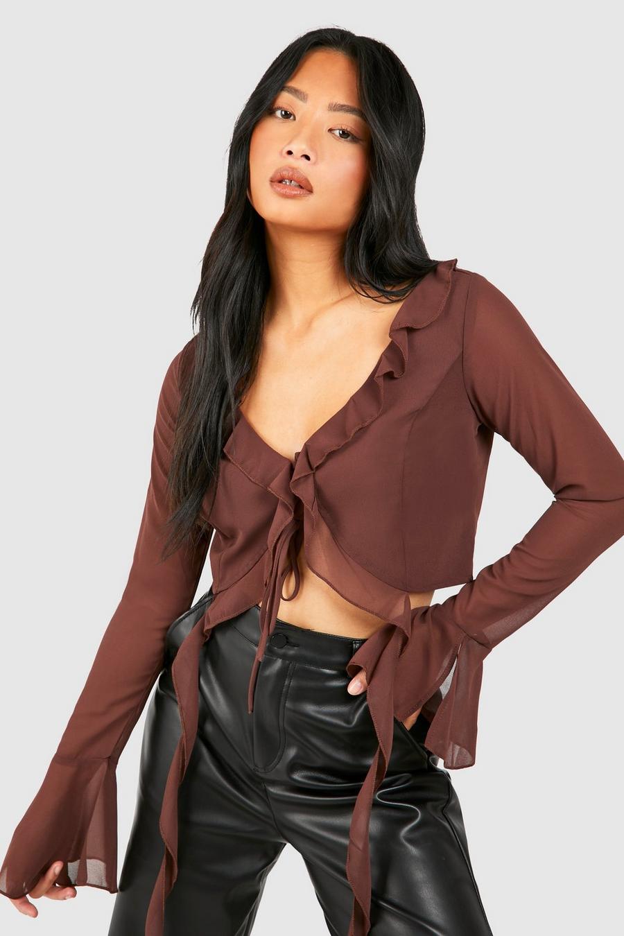 Chocolate Petite Ruffle Detail Tie Front Top   
