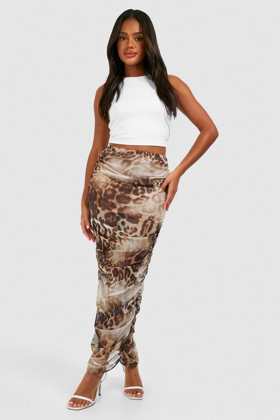 Black Ruched Mesh Leopard Printed Maxi Skirt   