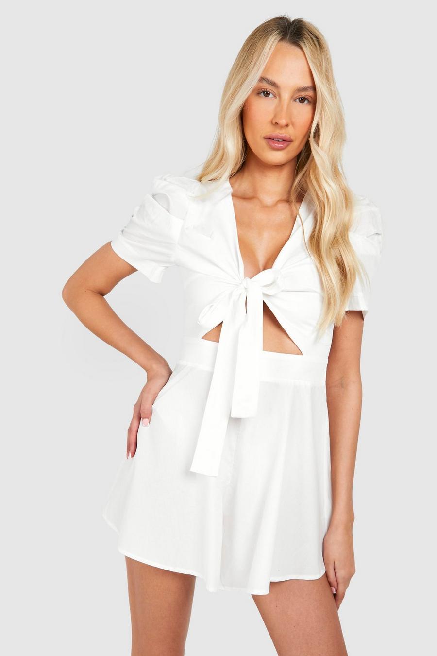 White Tall Cotton Poplin Tie Front Playsuit  image number 1