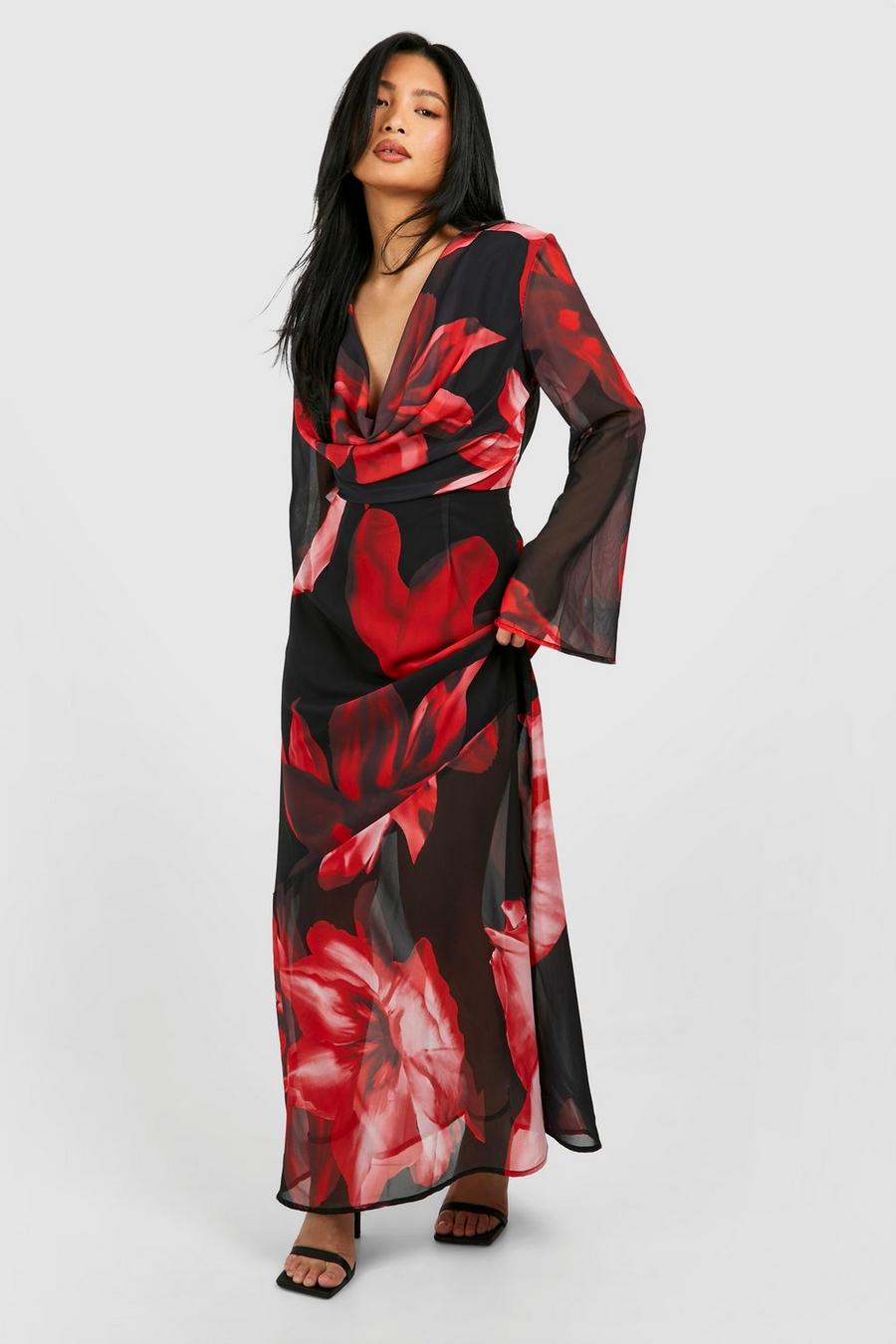 Red Petite Bloemen Maxi Jurk Met Losse Col