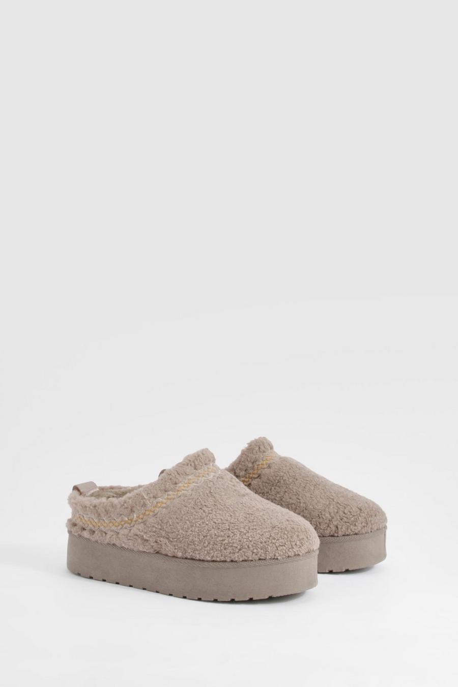 Taupe Borg Embroidered Platform Cosy Mules   image number 1