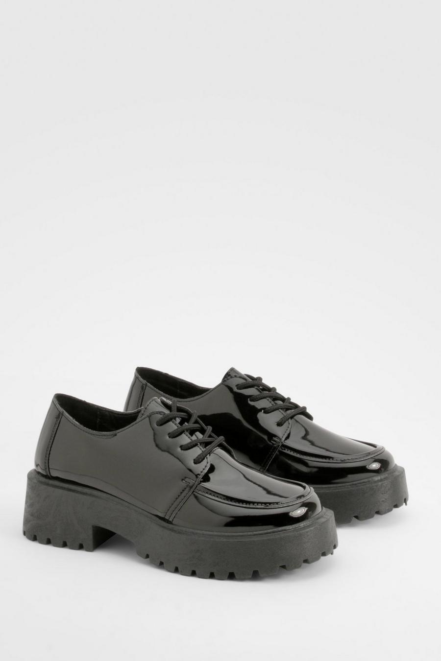 Zapatos de charol con suela gruesa y cordones cruzados, Black image number 1