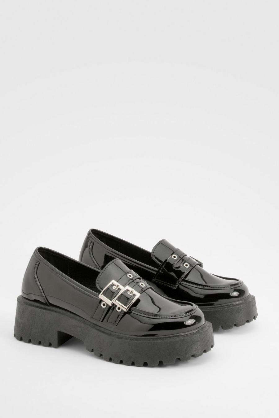 Black Patent Buckle Detail Chunky Sole Loafers 