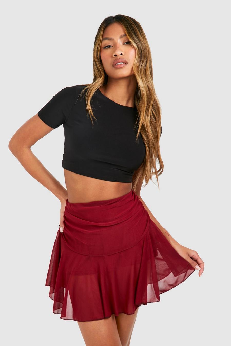 Wine Mesh Fold Over Waist Band Mini Skirt  