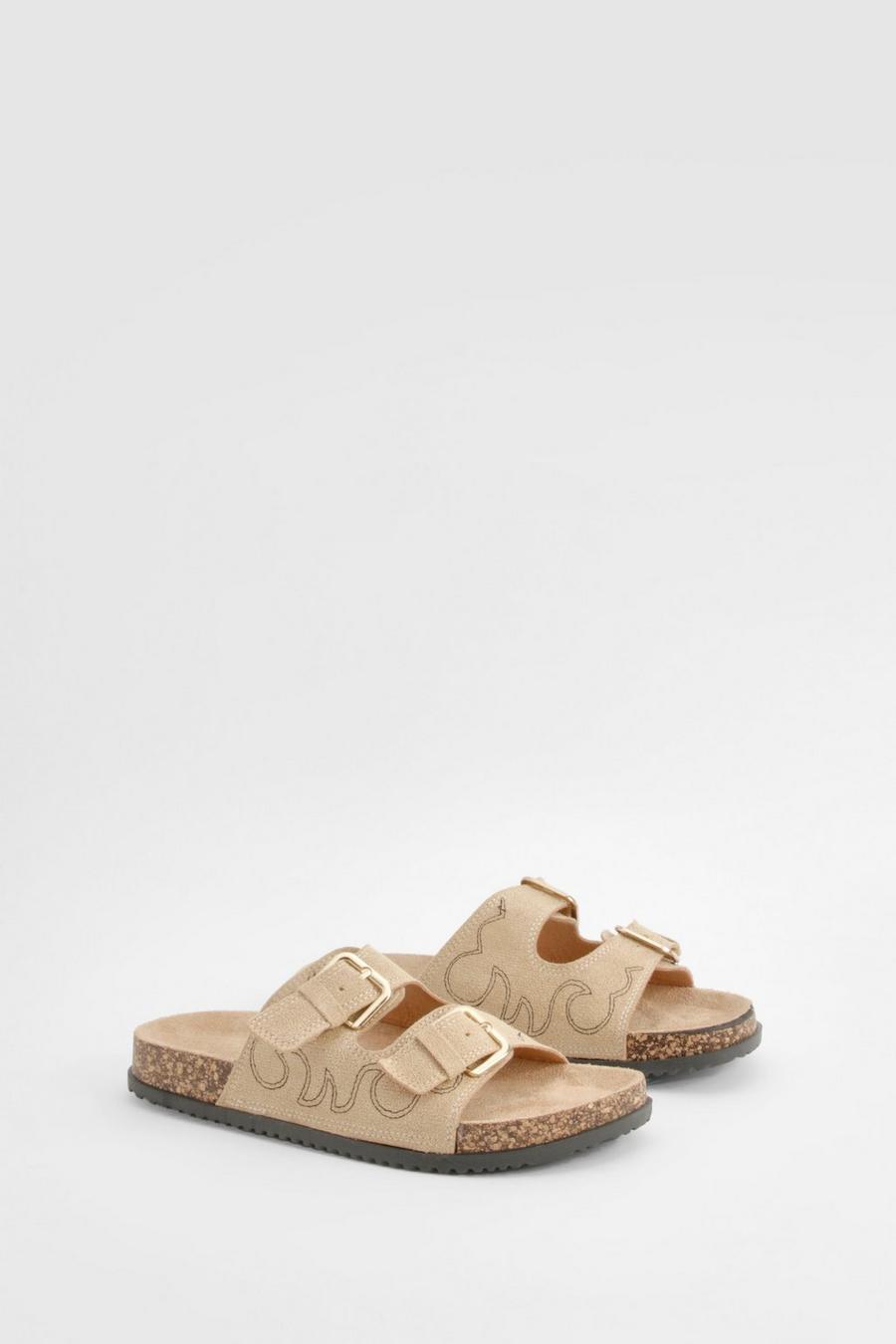 Taupe Western Stitch Footbed Buckle Slides