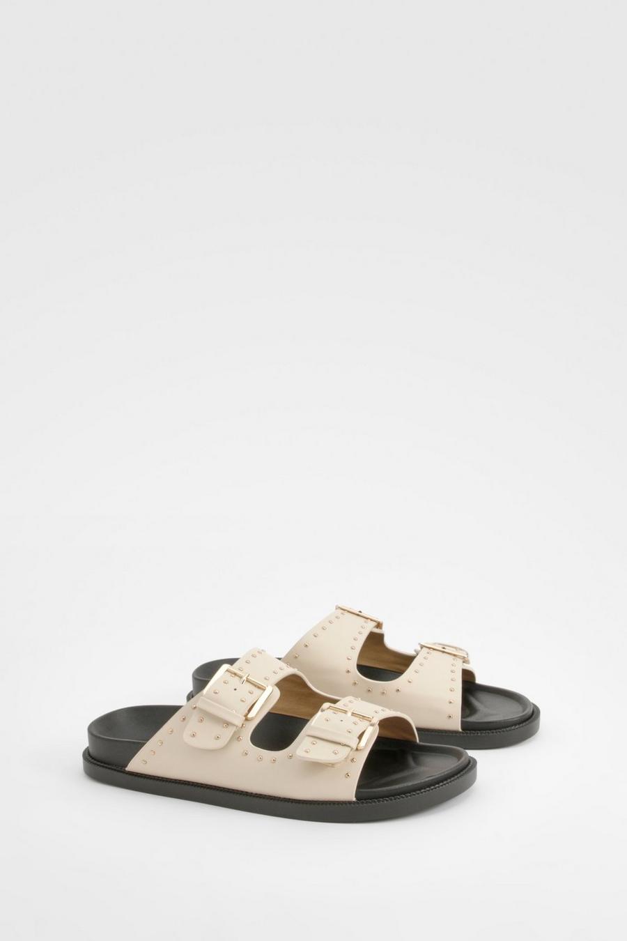 Taupe Studded Footbed Buckle Sliders       