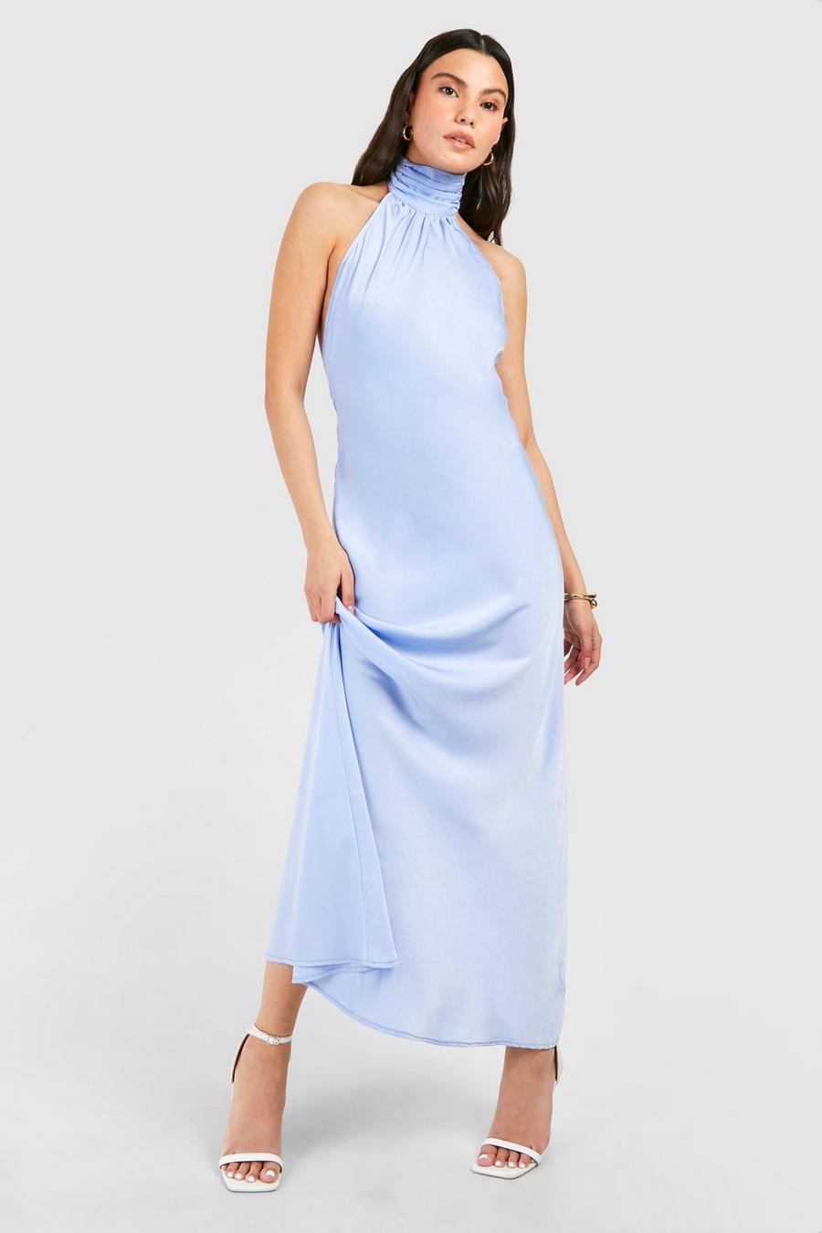 Pale blue Satin Halterneck Maxi Dress