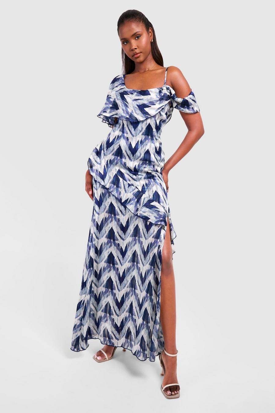 Blue Abstract Cold Shoulder Midaxi Dress