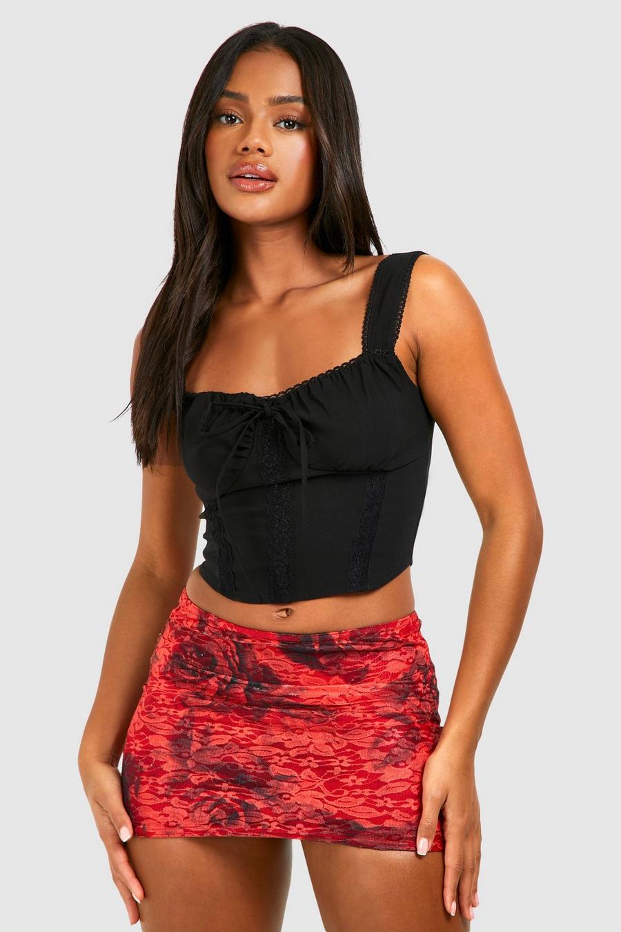 Red Lace Rose Printed Ruched Bum Mini Skirt 
