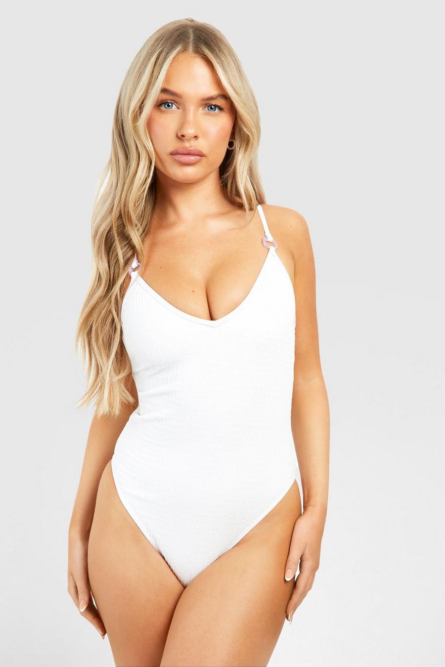 White Textured Trim Detail Plunge Swimsuit image number 1