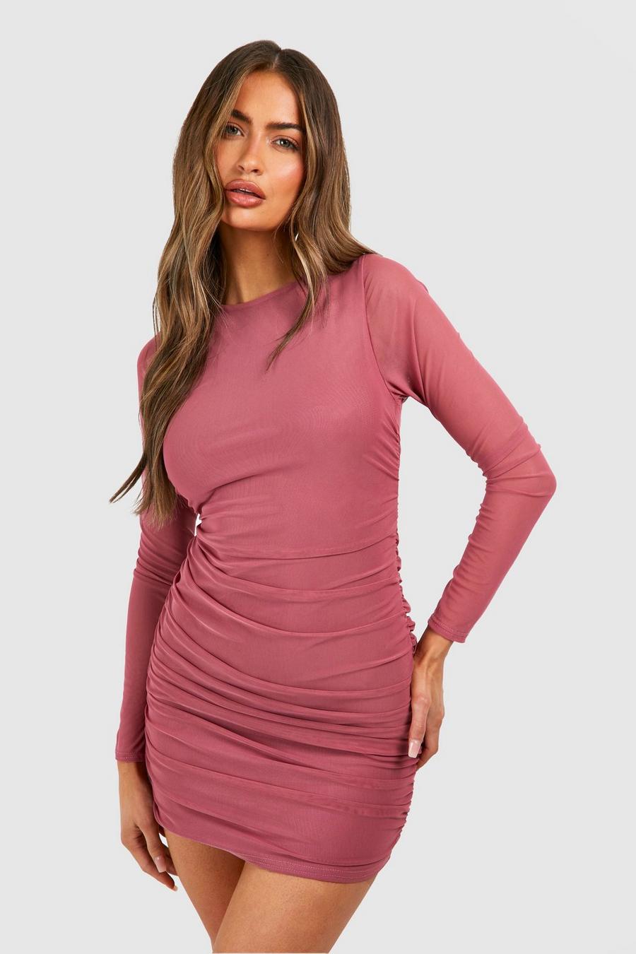 Robe courte froncée en mesh, Rose