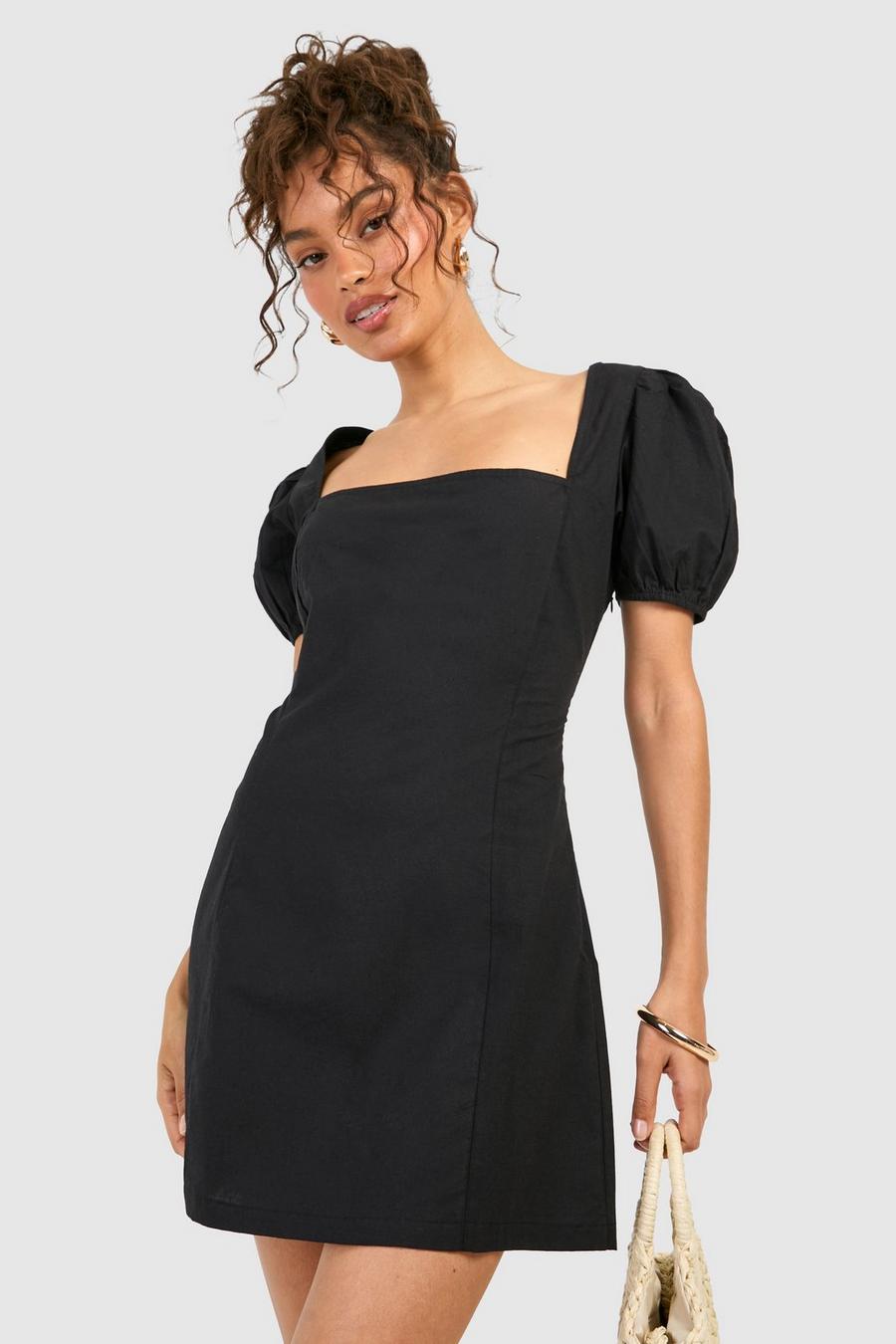 Black Cotton Puff Sleeve Mini Dress