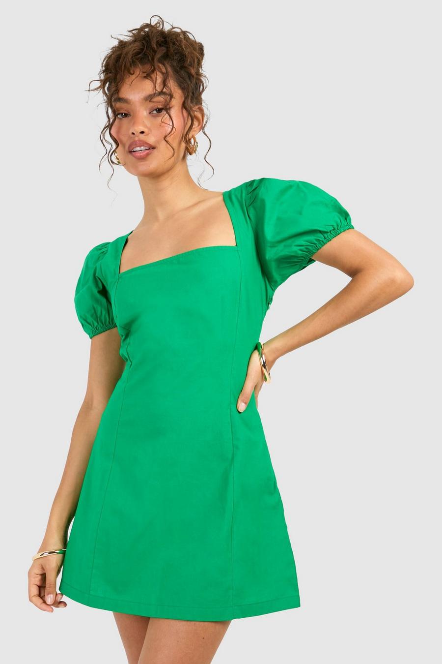 Vestido mini de algodón con mangas abullonadas, Green