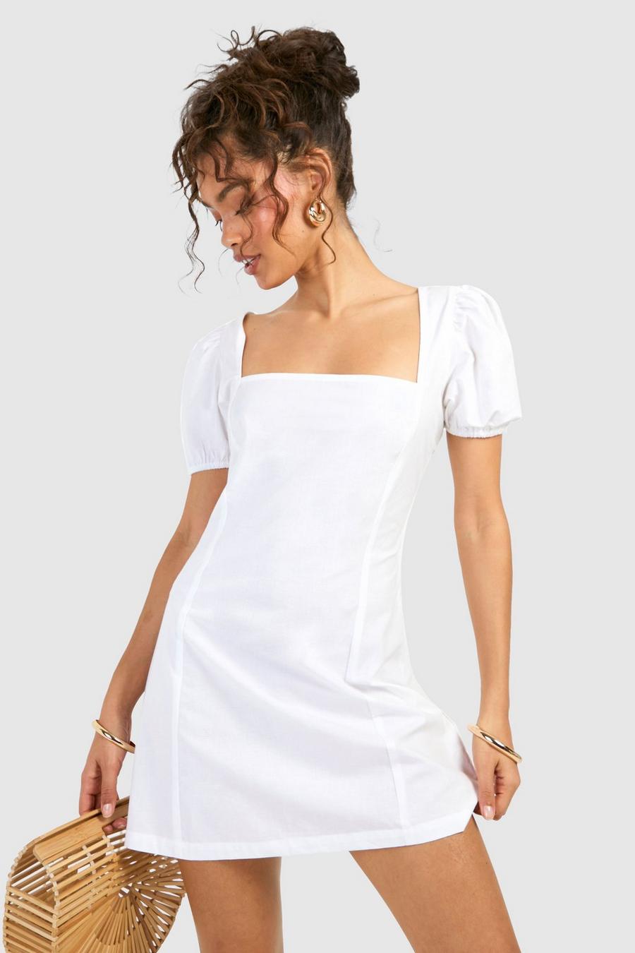 White Cotton Puff Sleeve Mini Dress image number 1