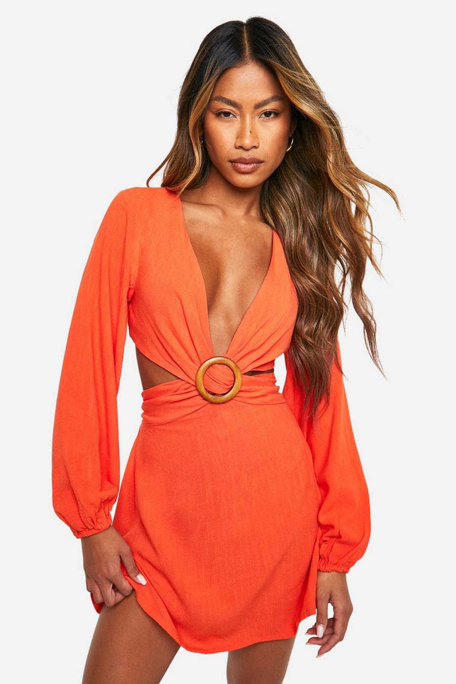 Vestido mini de lino con abertura, Orange