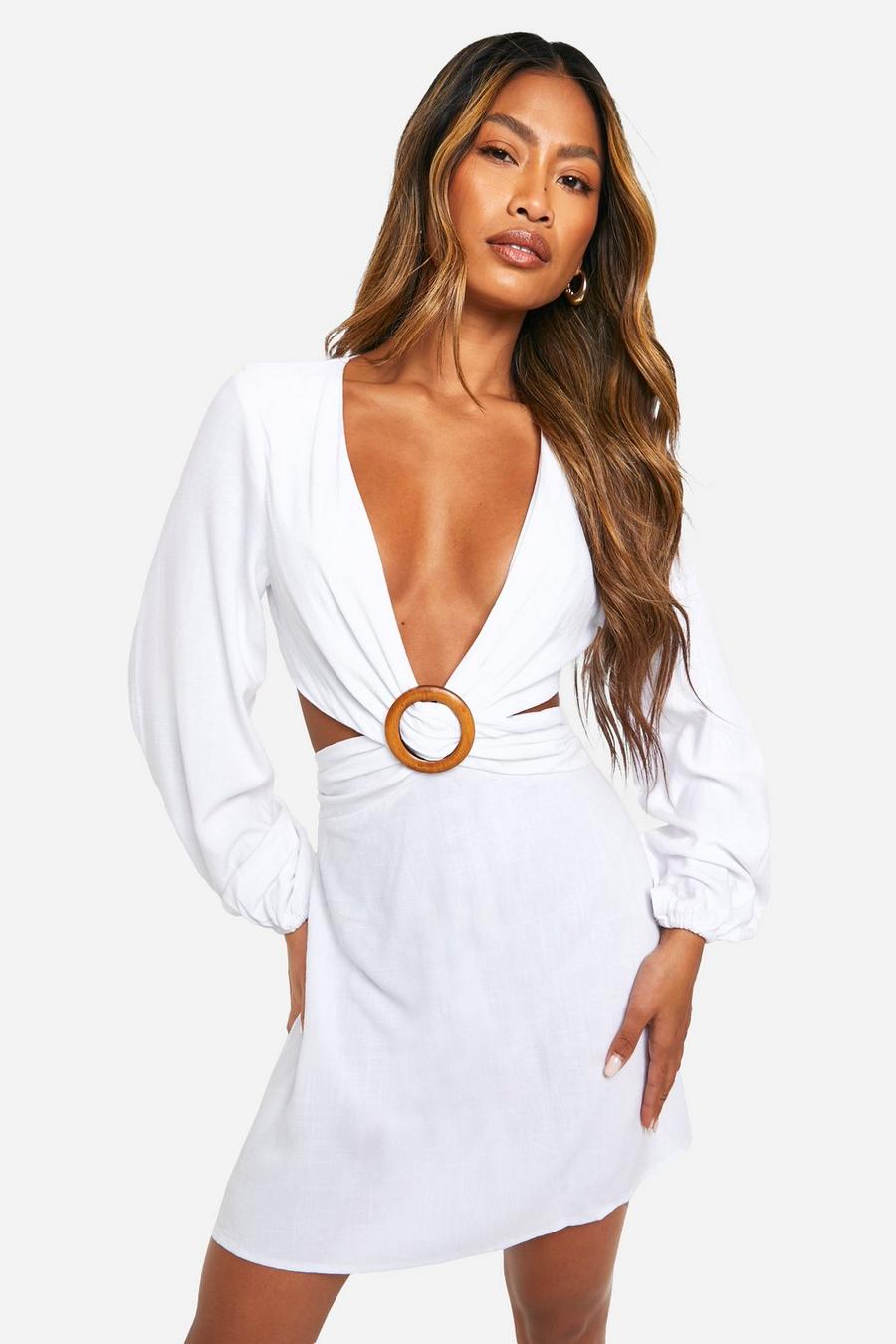Vestido mini de lino con abertura, White