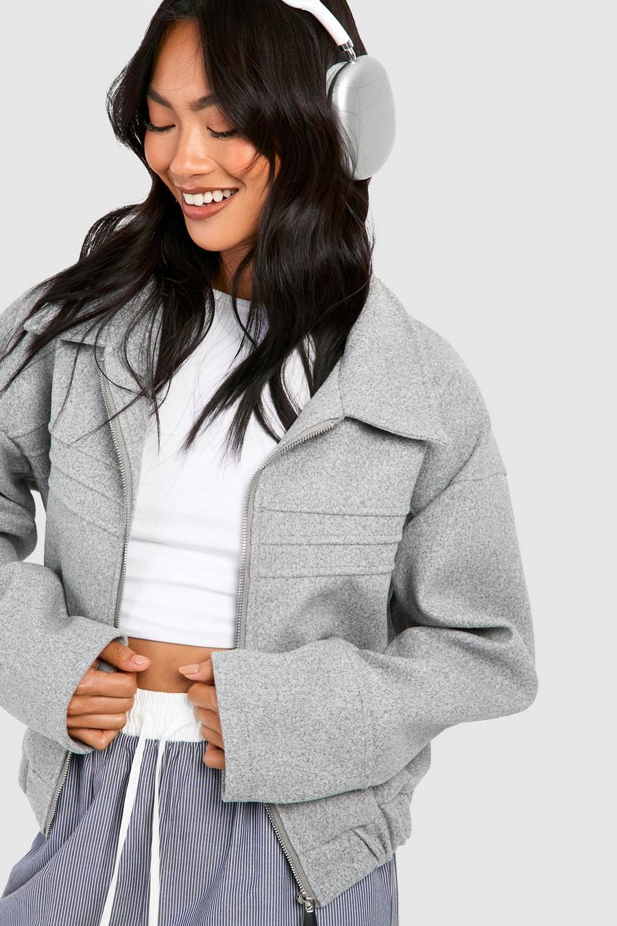 Bomber oversize effet laine à coutures apparentes, Grey marl