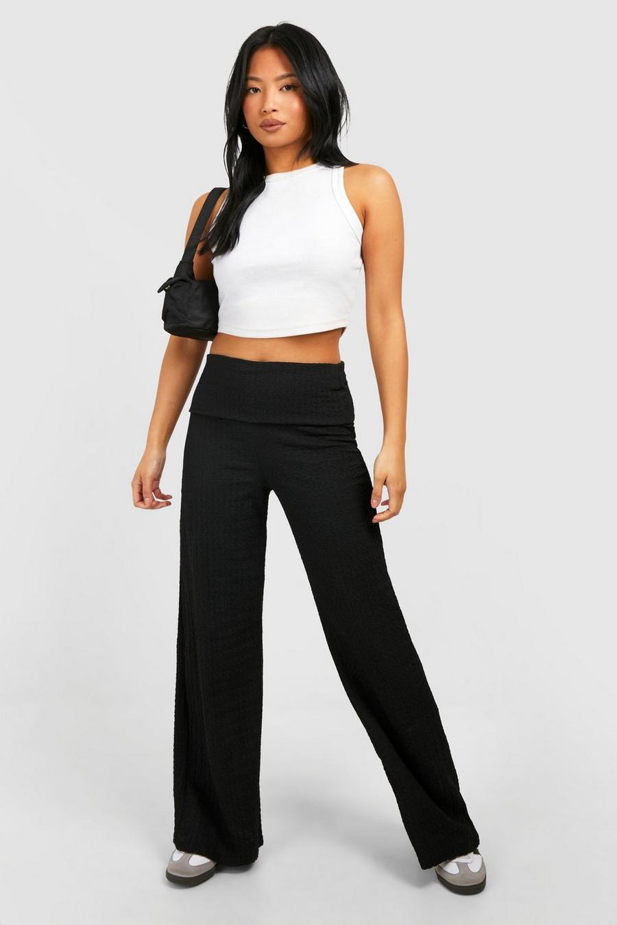 Black Petite Crinkle Texture Fold Waist Trouser