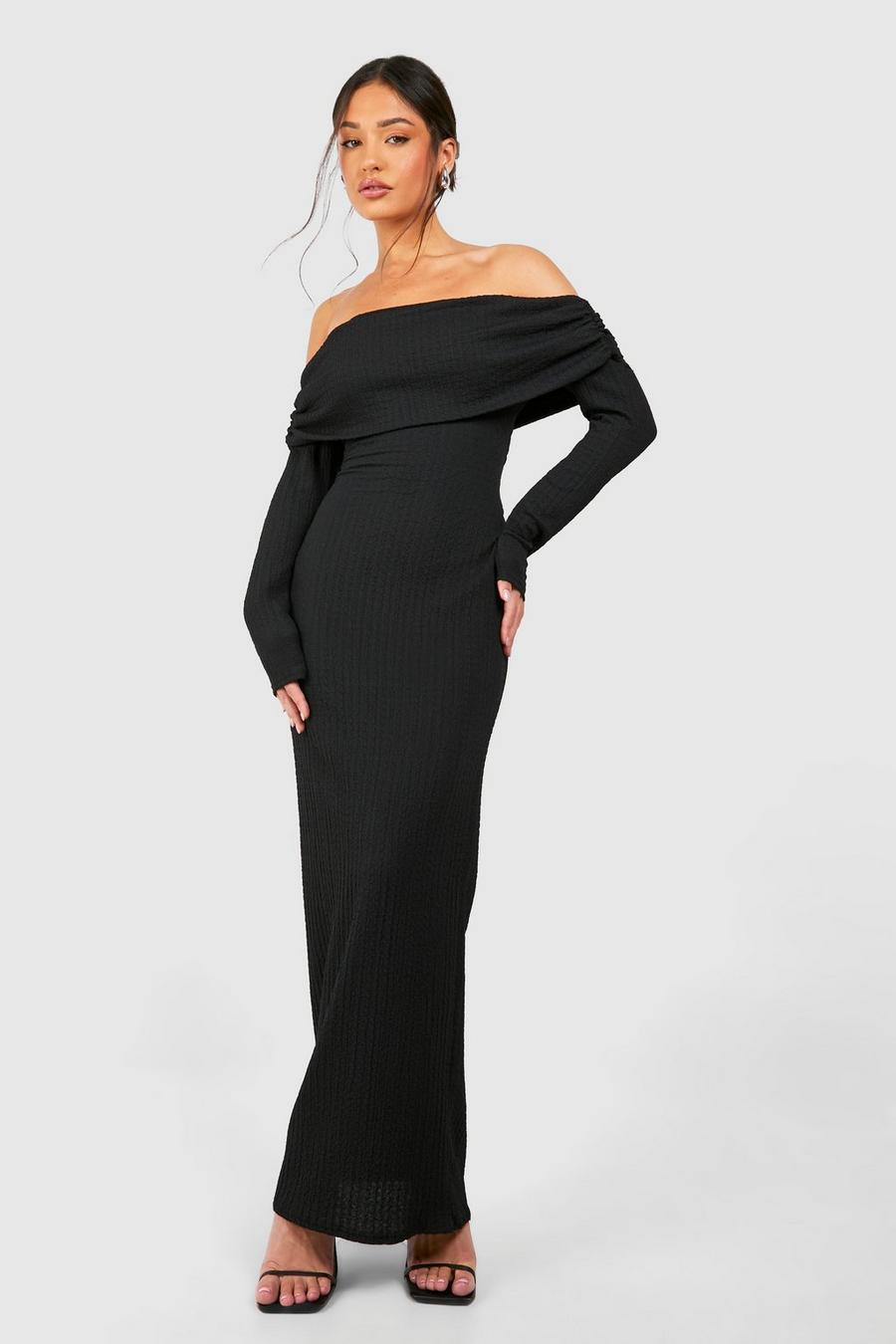 Black Petite Crinkle Texture Off The Shoulder Maxi Dress