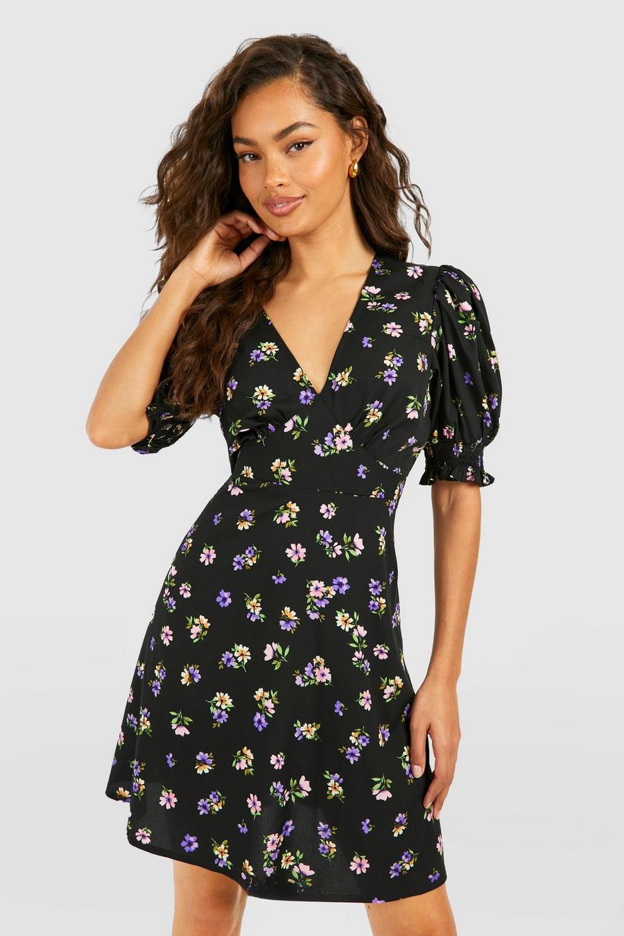 Black Ditsy Floral Puff Sleeve Smock Dress