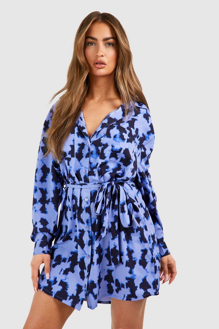 Hemd-Kleid mit Fledermausärmeln und Print, Cobalt