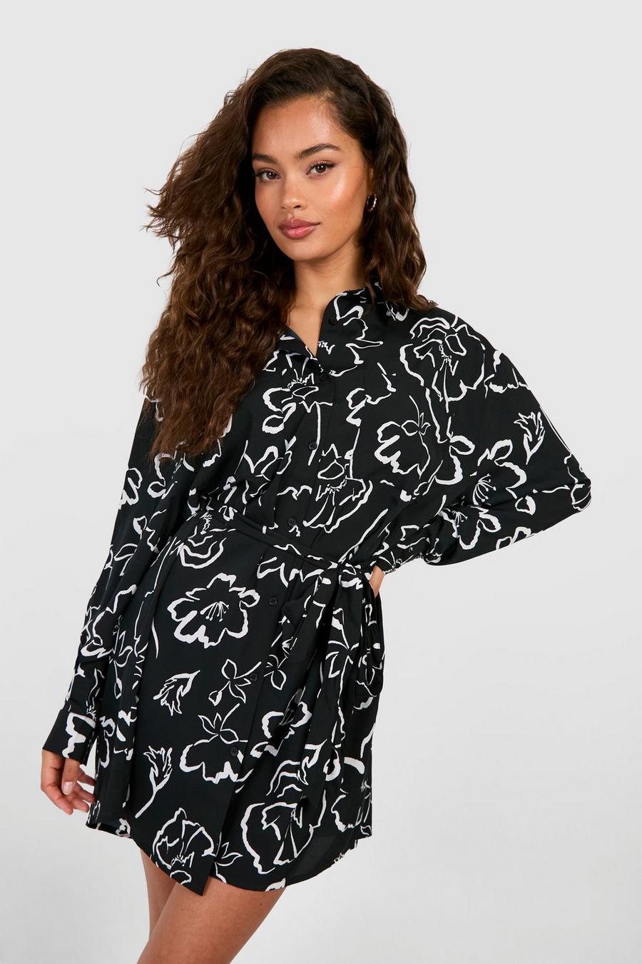 Black Mono Floral Batwing Belted Shirt Dress