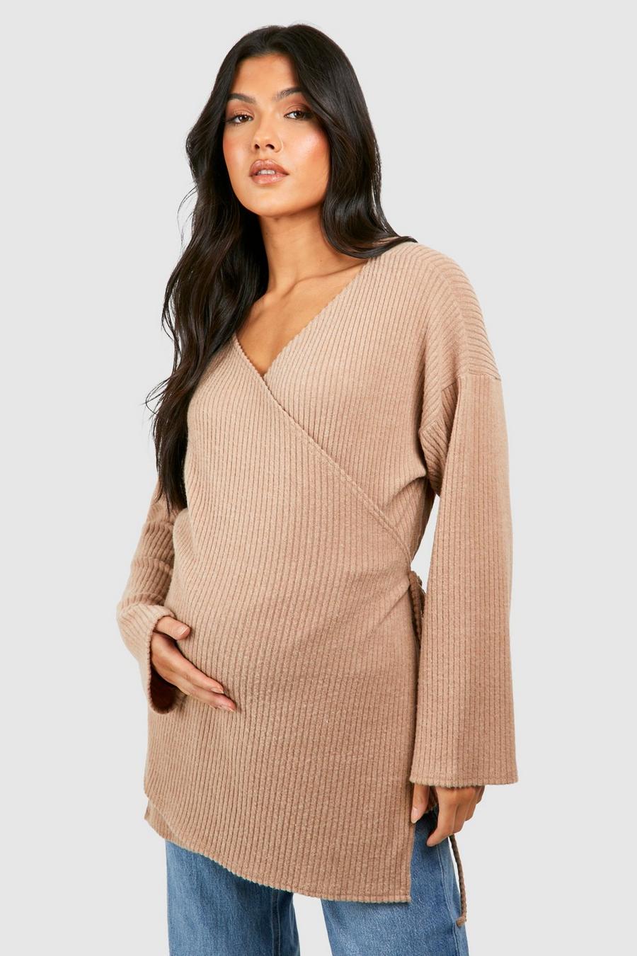 Camel Maternity Soft Rib Wrap Top