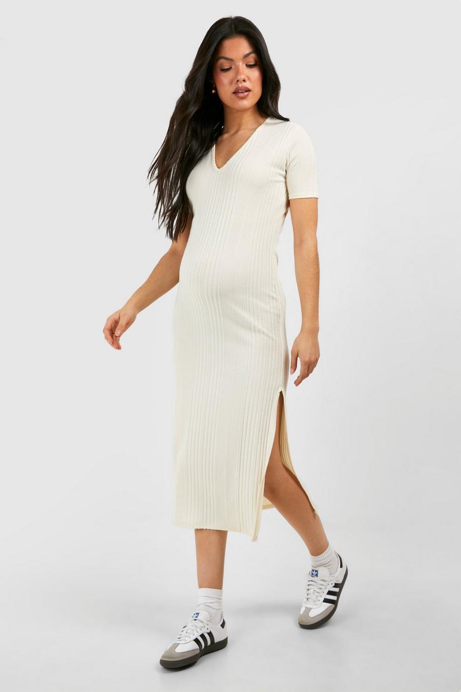Ivory Maternity Soft Rib Short Sleeve Midi Dress