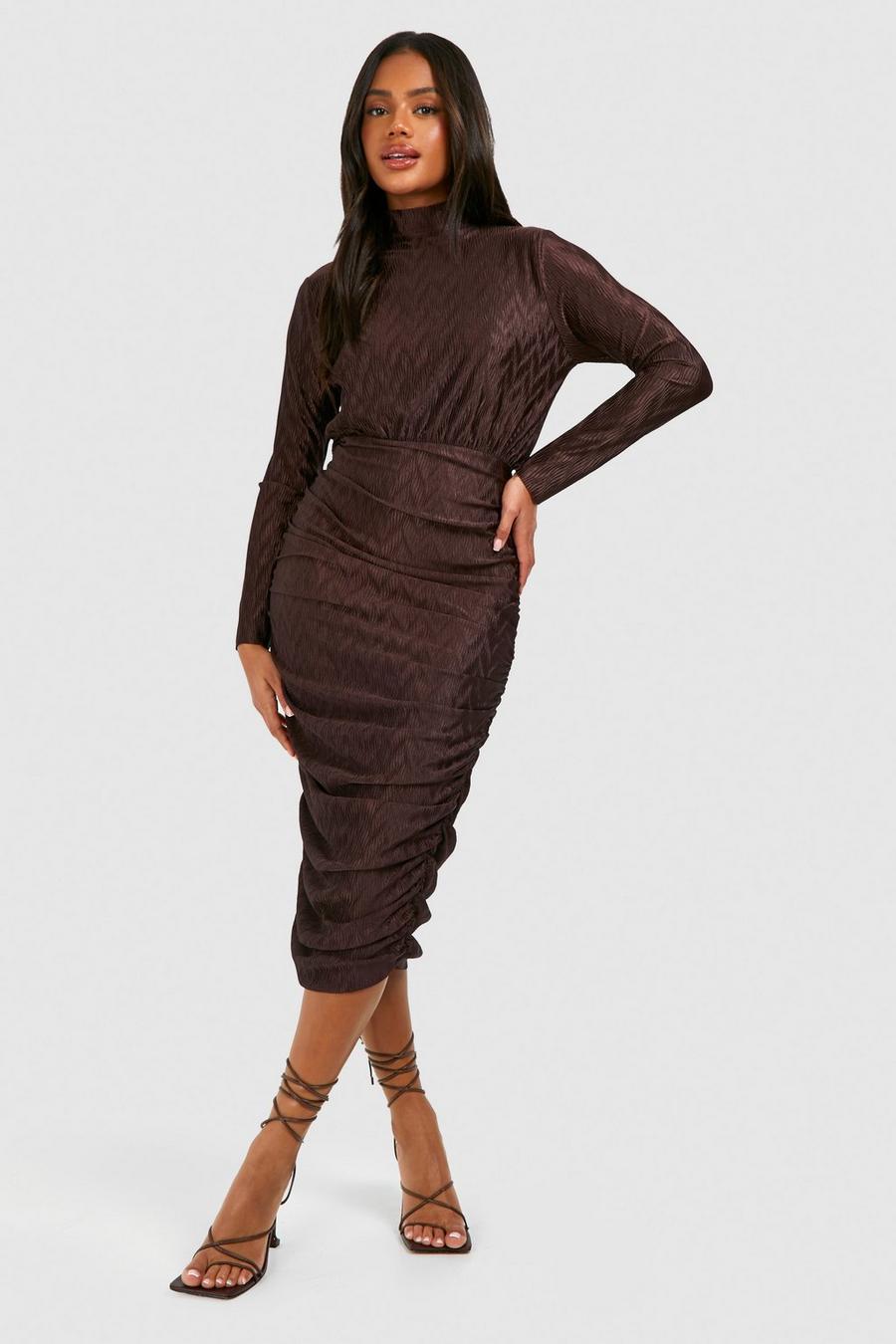 Chocolate Wave Plisse High Neck Rouched Midaxi 