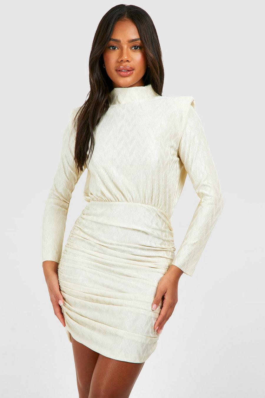 Champagne Wave Plisse Rouched Shoulder Pad Mini Dress 