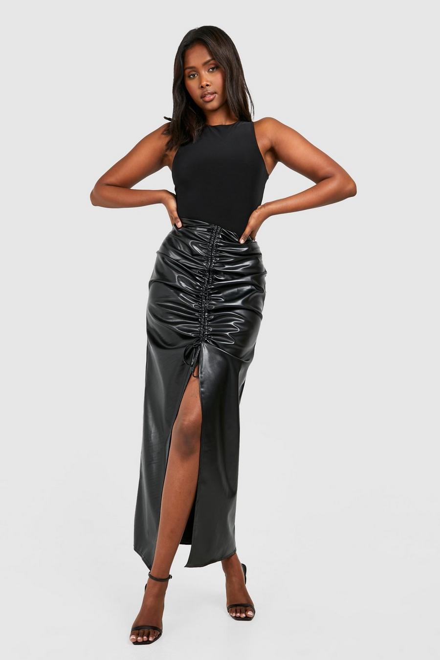 Black Ruched Leather Look Split Maxi Skirt