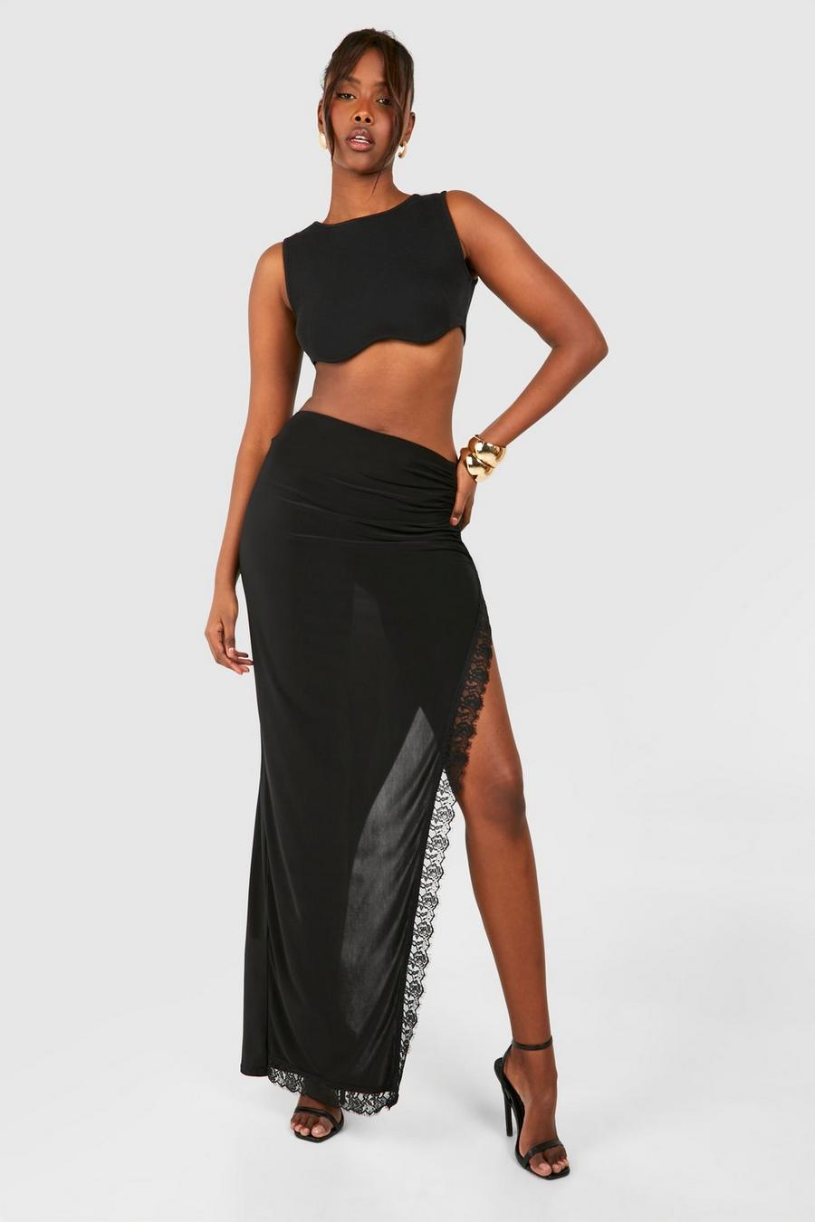 Black Slinky Lace Trim Maxi Skirt 