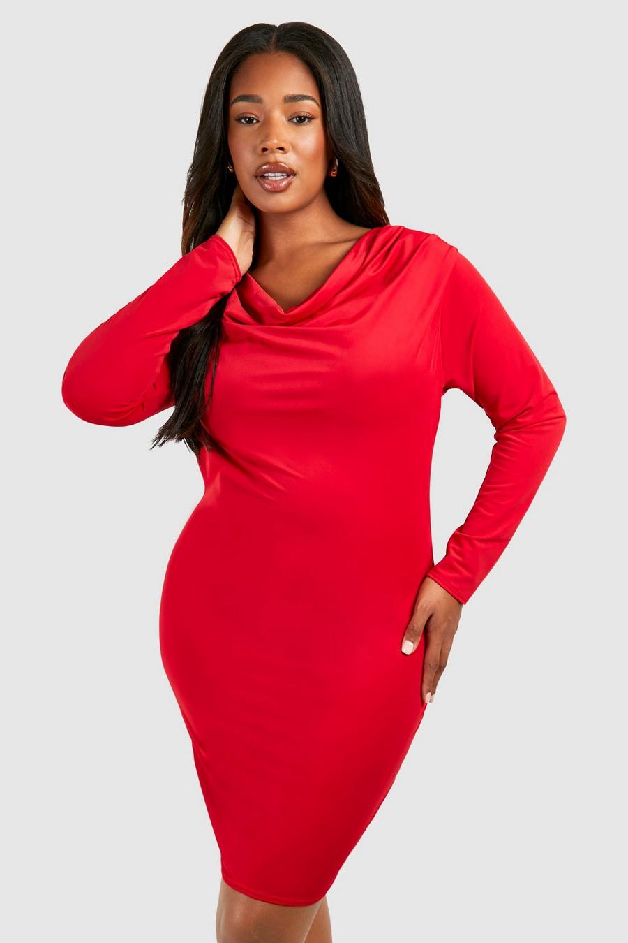 Red Plus Cowl Neck Slinky Mini Dress  image number 1