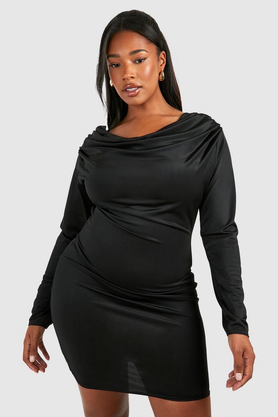 Vestido Plus mini ceñido con escote plisado, Black image number 1
