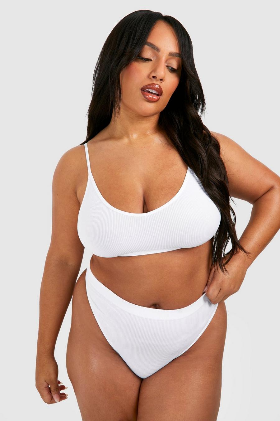 Grande taille - String côtelé sans coutures, White