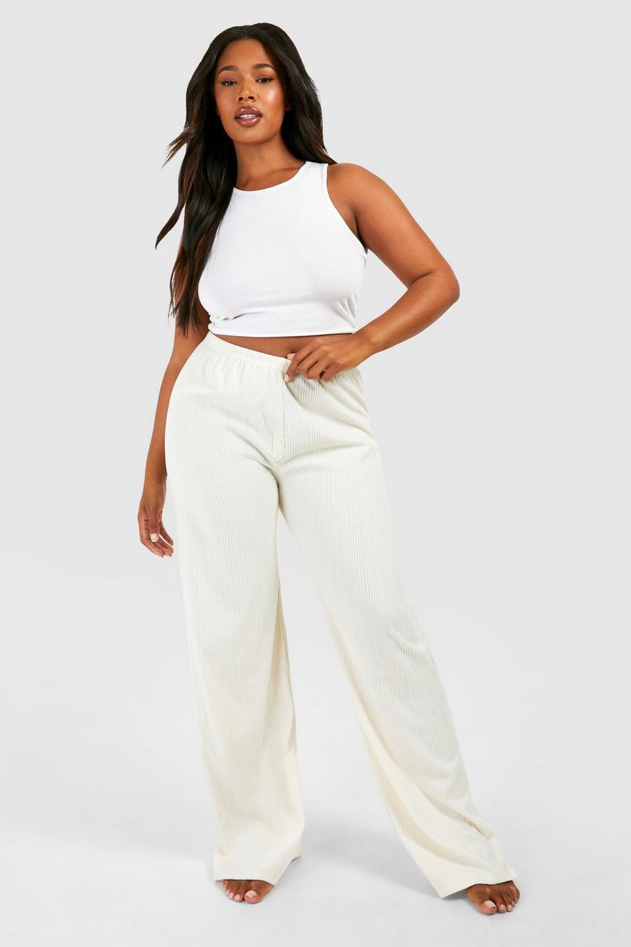 Pantalón Plus para estar en casa de pernera ancha y canalé suave, Cream