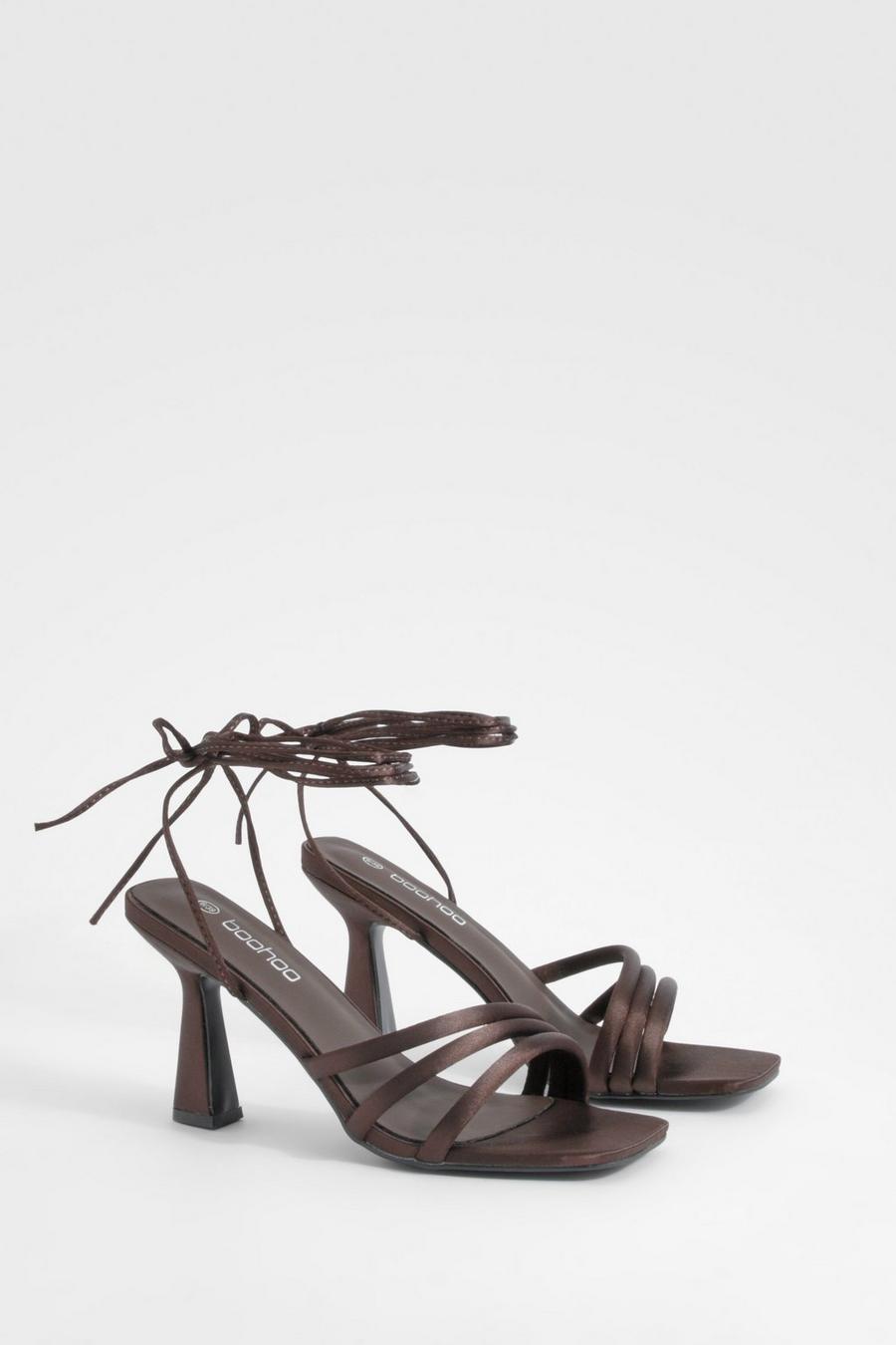 Chocolate Satin Padded Tie Up Strappy Heels image number 1