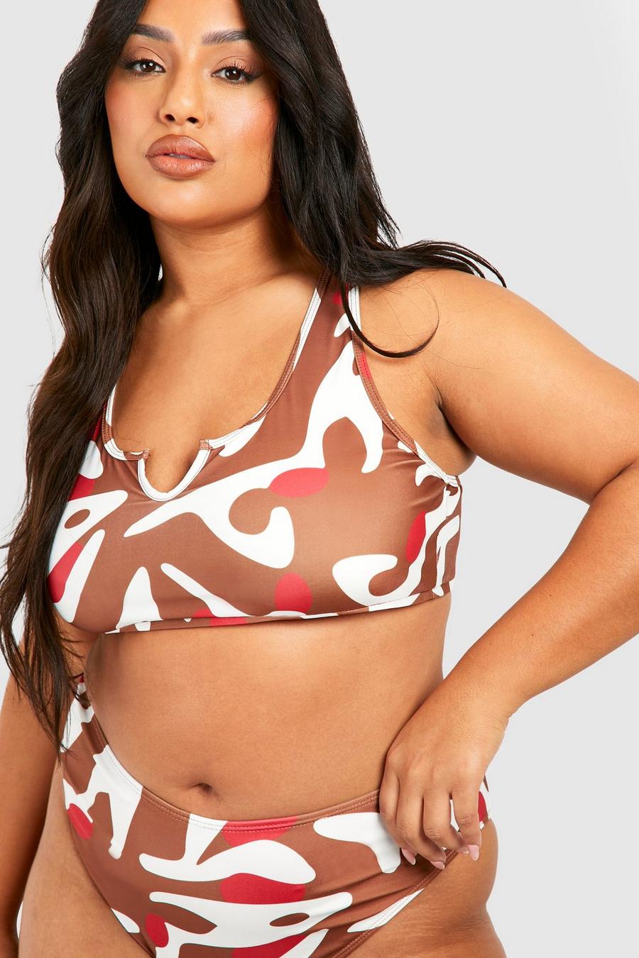 Top bikini Plus Size animalier con intaglio sullo scollo, Multi