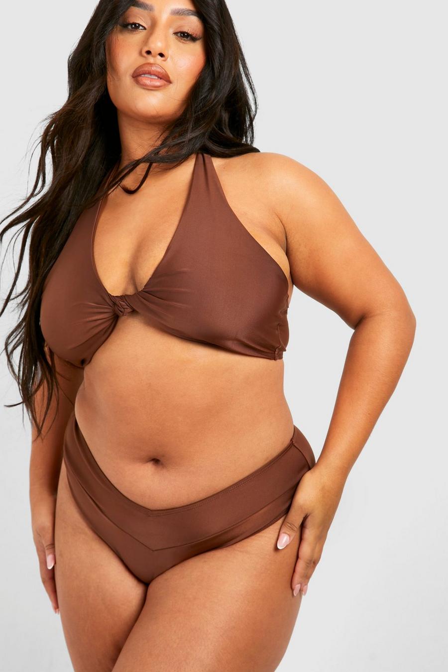 Slip bikini Plus Size a vita alta con scollo a V, Chocolate image number 1