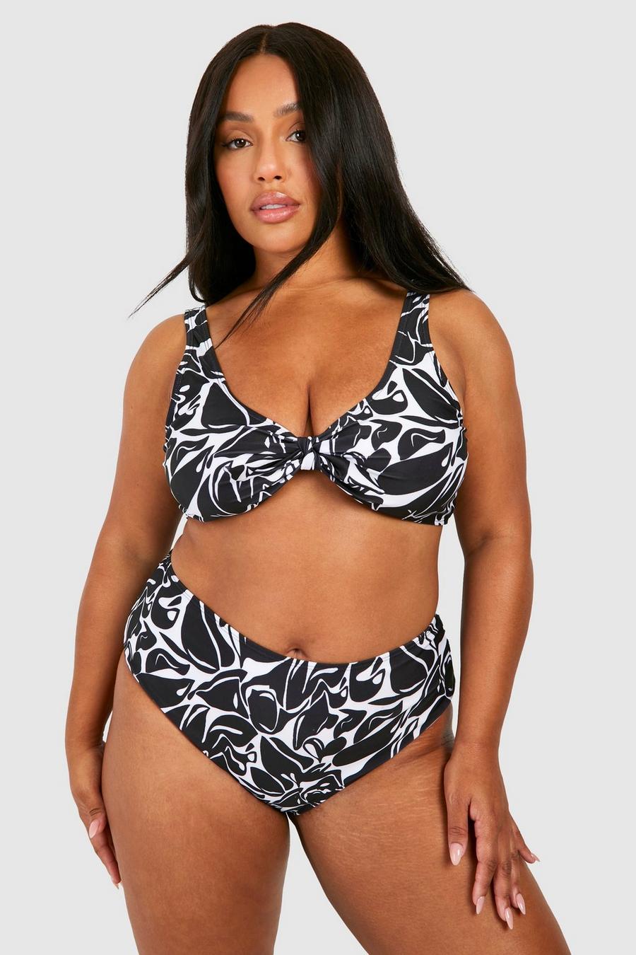 Black Plus Mönstrad bikini med knytdetalj och hög midja image number 1