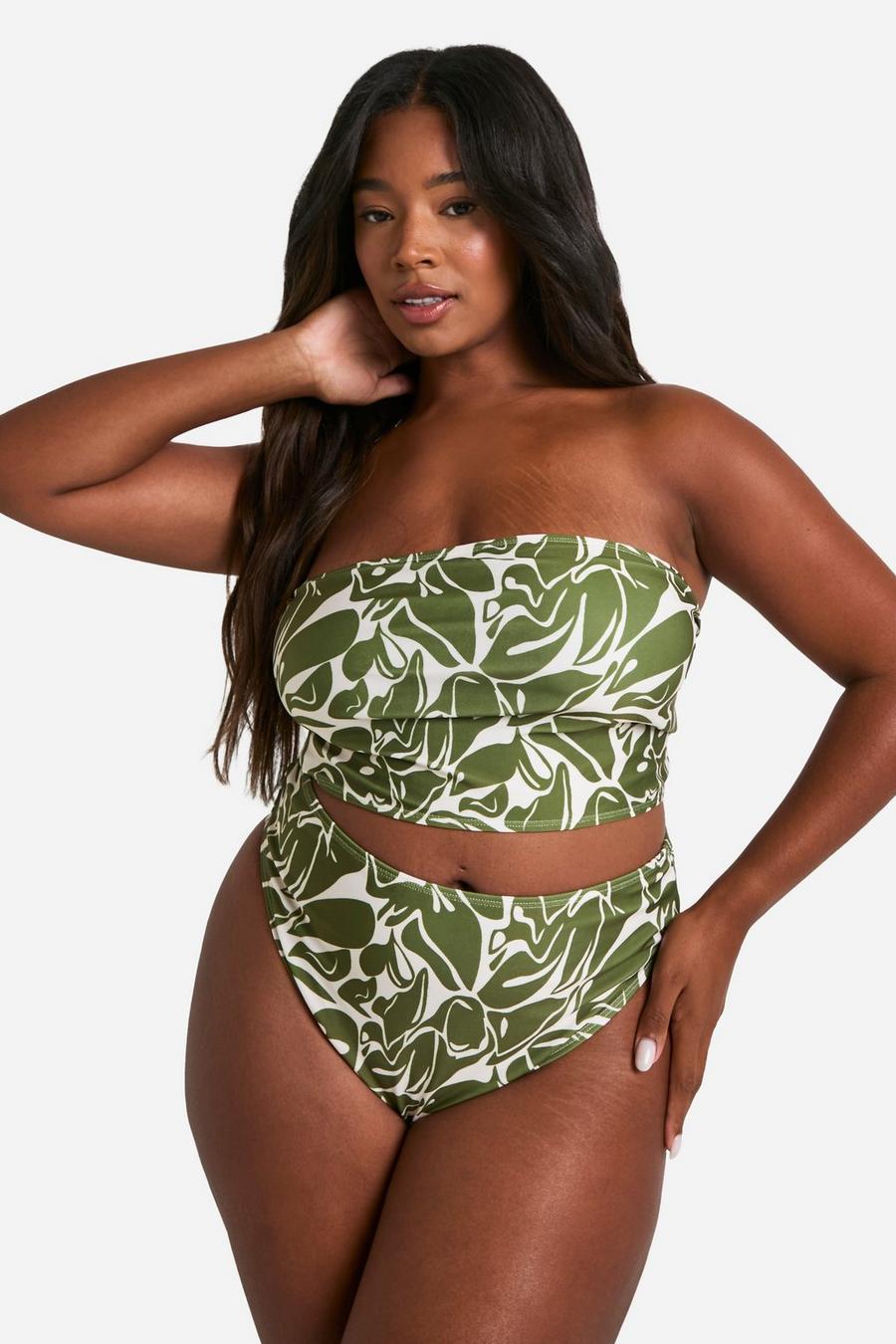 Bikini a fascia Plus Size in fantasia astratta, Green