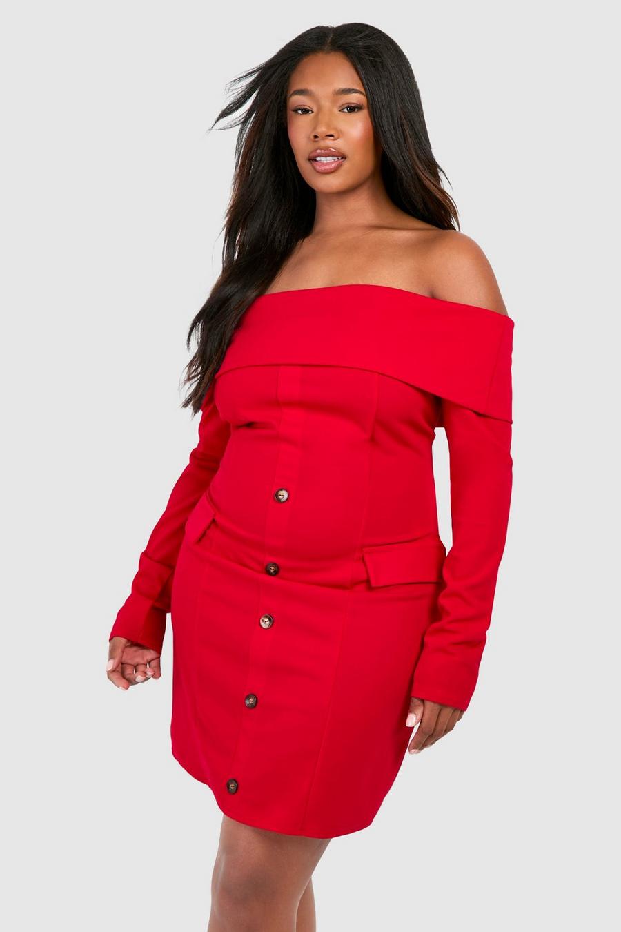 Red Plus Scuba Crêpe Off Shoulder Blazer Jurk