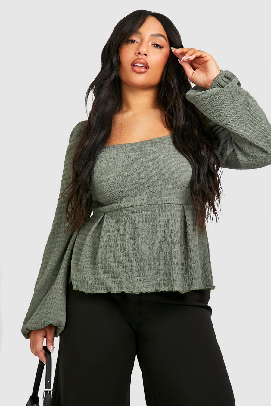 Top Plus holgado texturizado con escote cuadrado, Khaki