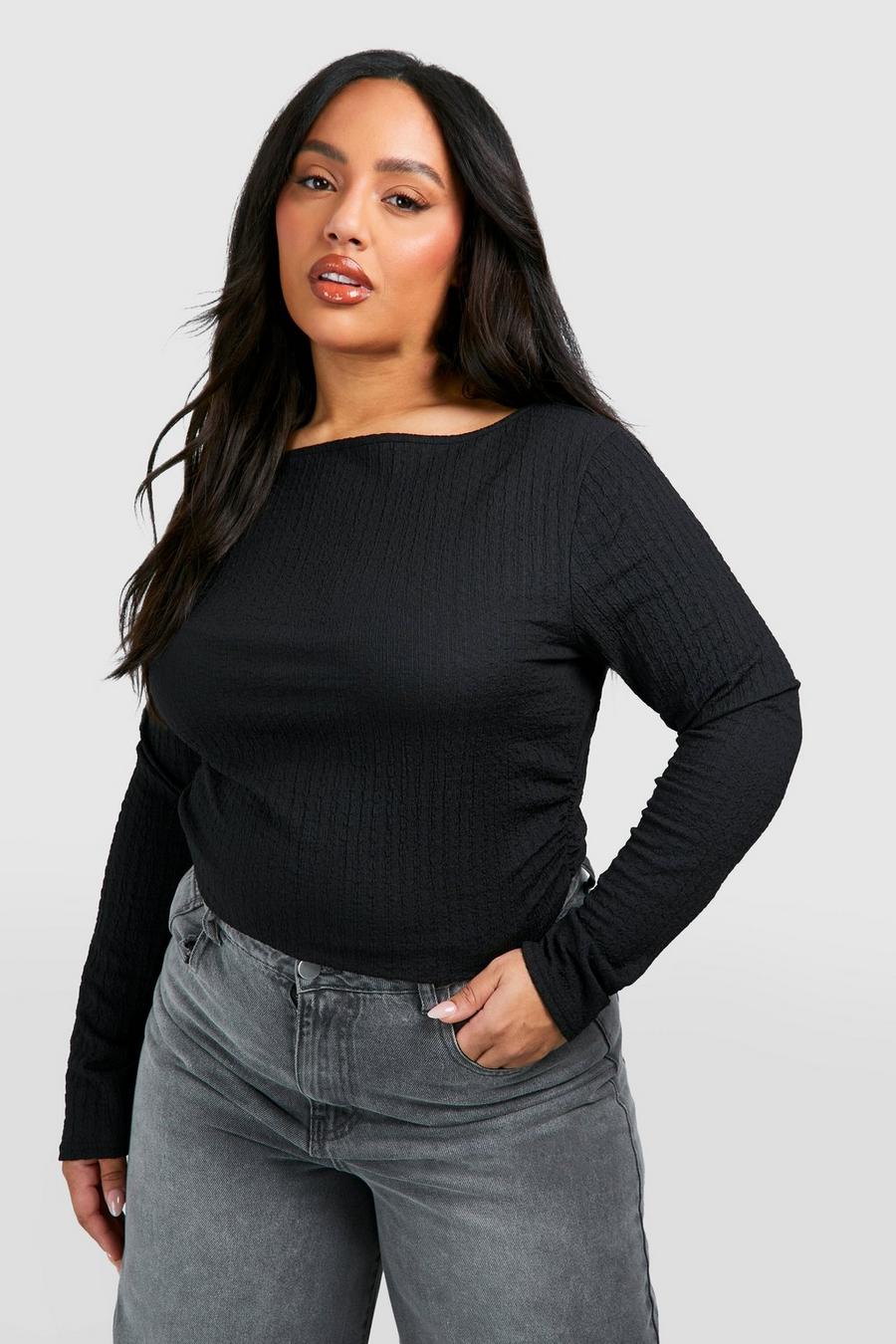 Black Plus Textured Ruched Long Sleeve Top 