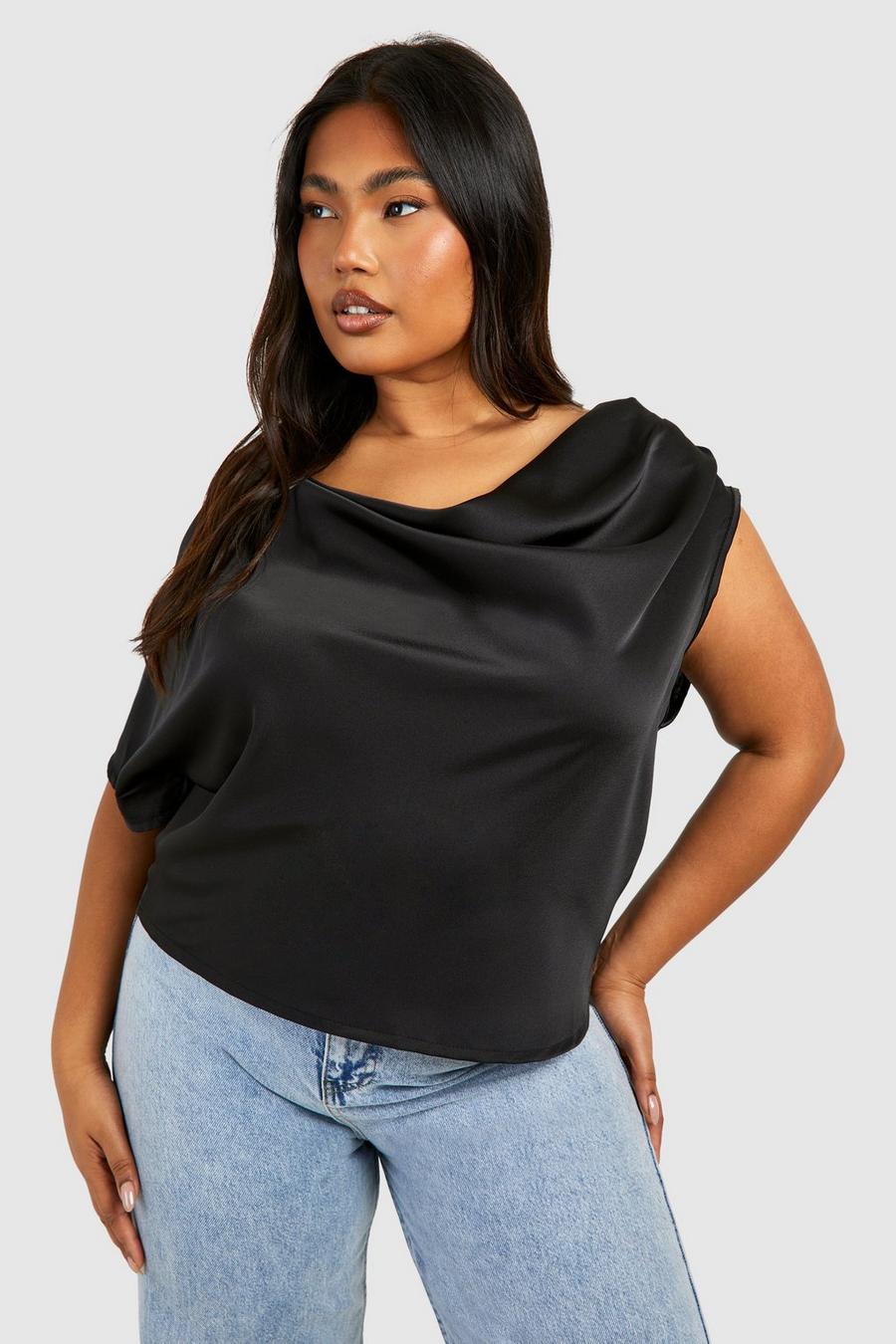 Black Plus Textured Satin Ruched Off The Shoulder Top