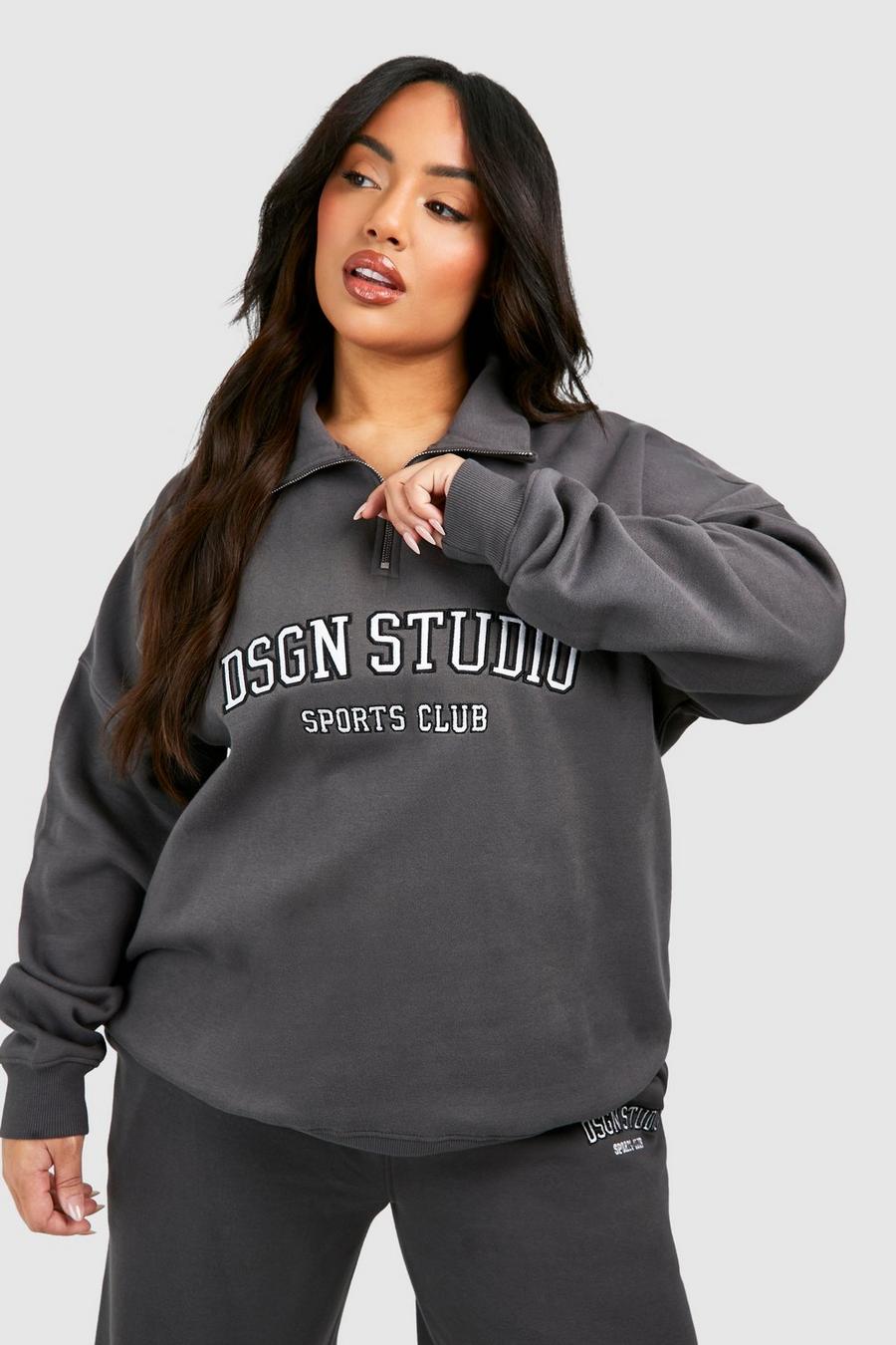 Oversize Sweatshirt mit Dsgn Studio Applikation und halbem Reißverschluss, Charcoal
