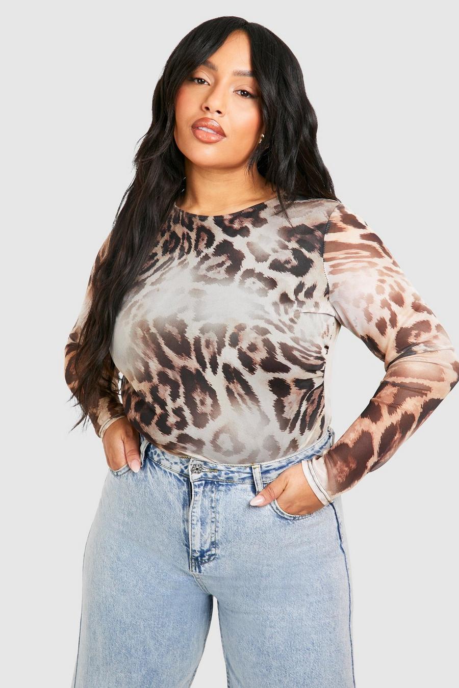 Brown Plus Abstract Mesh Crew Neck Bodysuit  image number 1