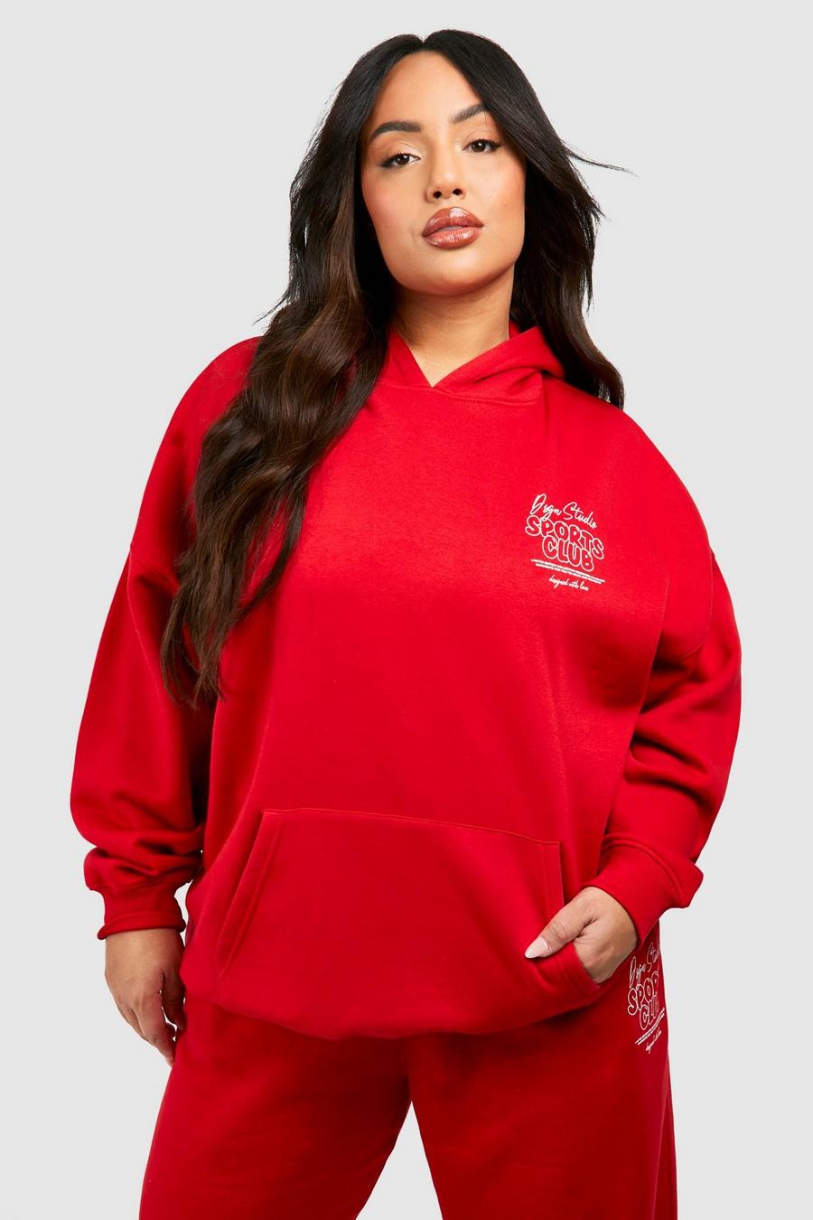 Plus Oversize Hoodie mit Cherry Bubble Sports Club Print, Red