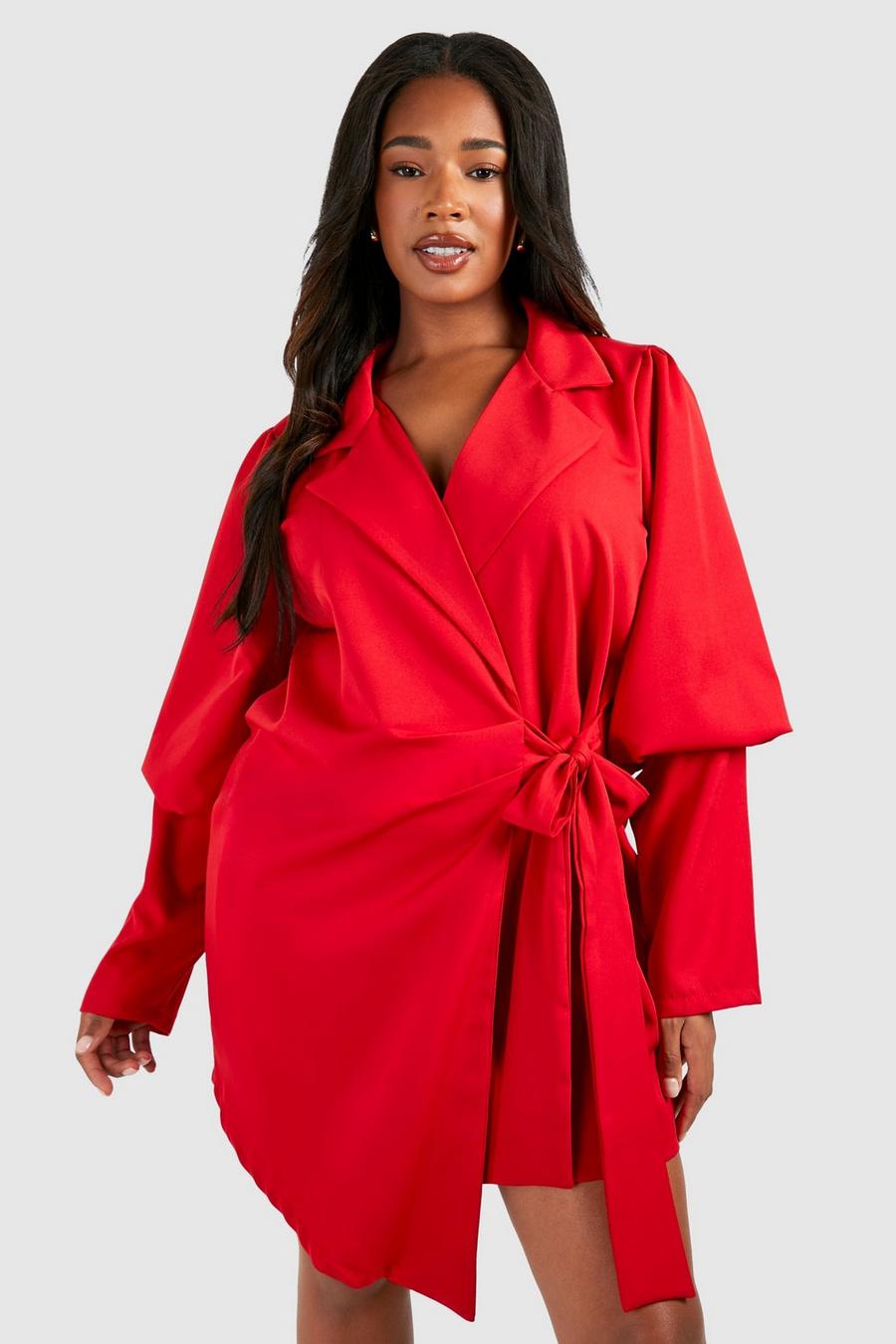 Red Plus Volume Sleeve Tie Waist Blazer Dress 