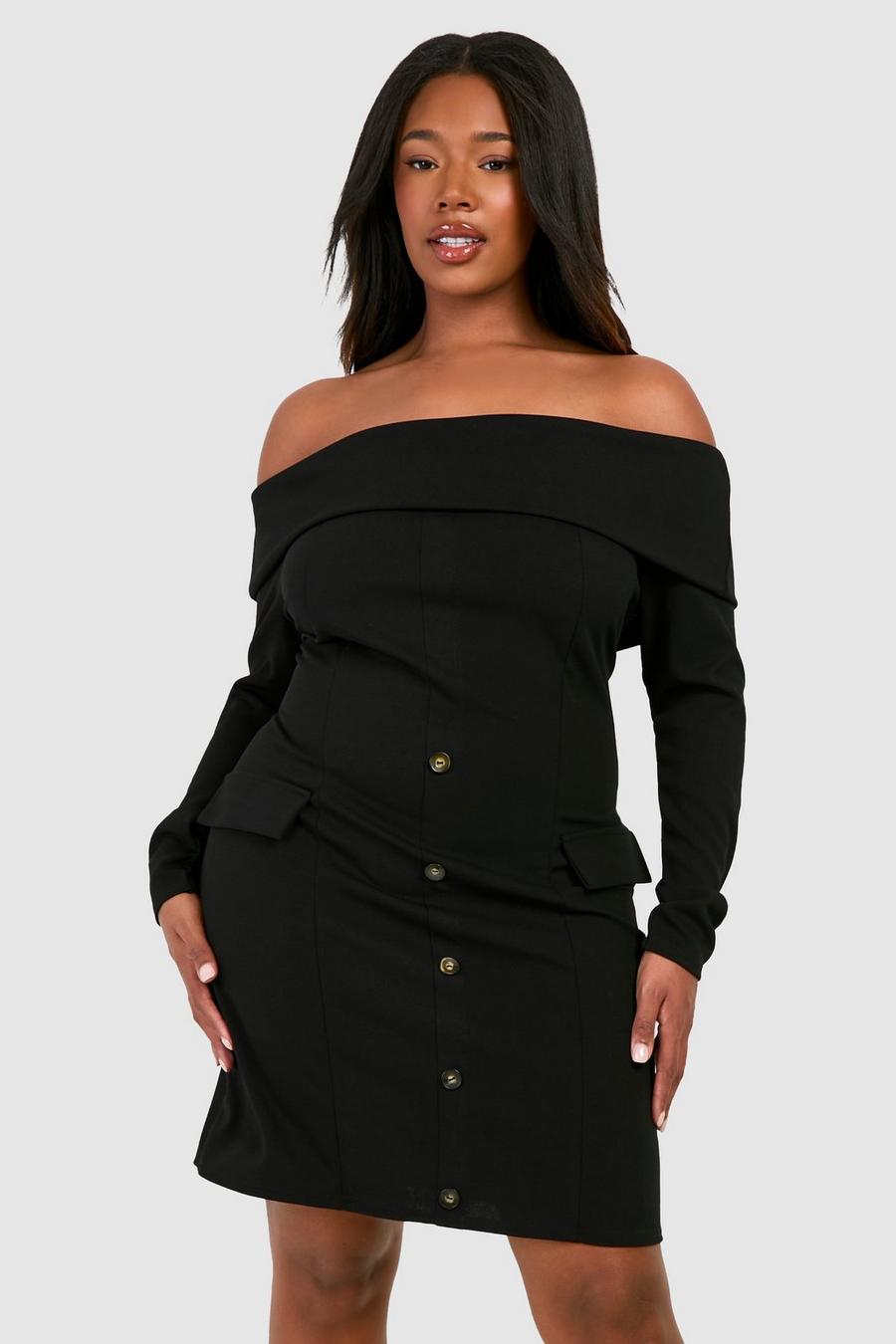 Vestito Blazer Plus Size in crêpe di Scuba con scollo Bardot, Black image number 1